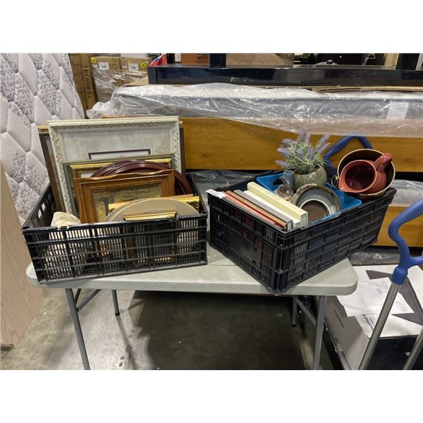 2 BASKETS OF VINTAGE PHOTO FRAMES, COFFEE TABLE BOOKS, POTTERY, ETC