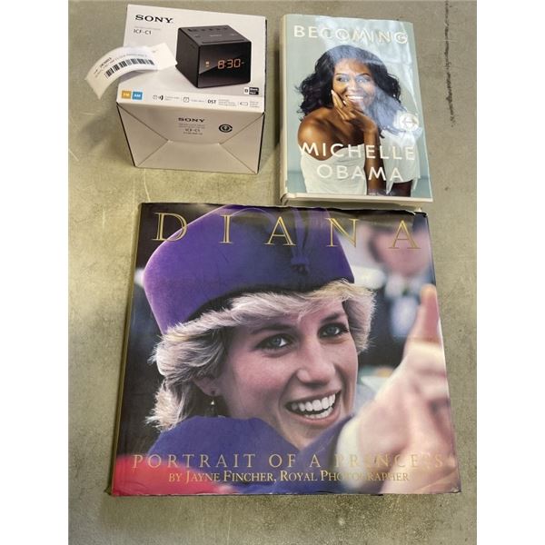 SONYL FM / AM CLOCK RADIO AND 2 HARDCOVER BOOKS,. MICHELLE OBAMA 'BECOMING' AND DIANA
