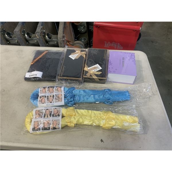 LOT OF NEW BEAUTY ITEMS - HEATLESS CURLER, MAKEUP BACK W/ BRUSHES, EYE LINER, ROSE SOAP GIFT BOX, AN