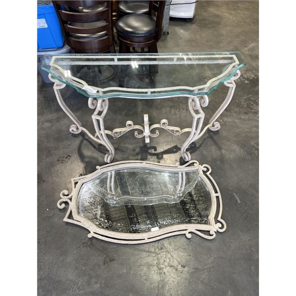WHITE IRON AND GLASS TOP SOFA TABLE WITH MATCHING MIRROR