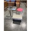 Image 1 : BRASS AND GLASS TABLE, VANITY CHAIR, AND STOOL