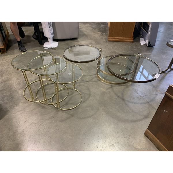 3 NESTING BRASS AND GLASS END TABLES AND SWIVEL 3 TIER END TABLE