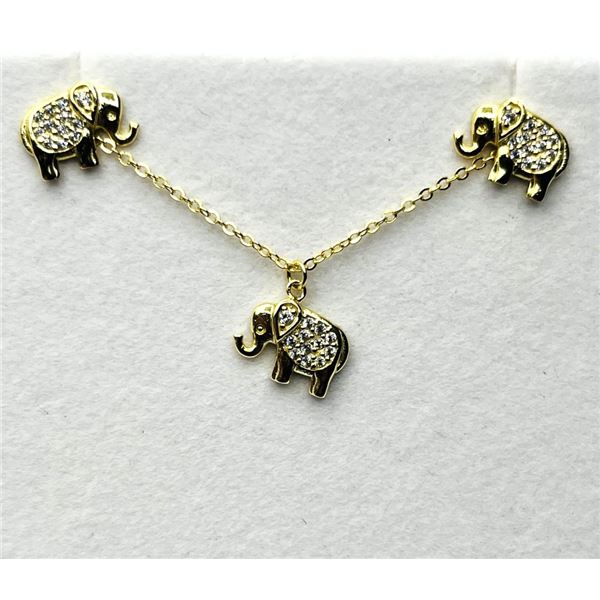 GOLD PLATED STERLING SILVER CZ (0.25CT) ELEPHANT EARRINGS AND NECKLACE SET, W/A $200.00.