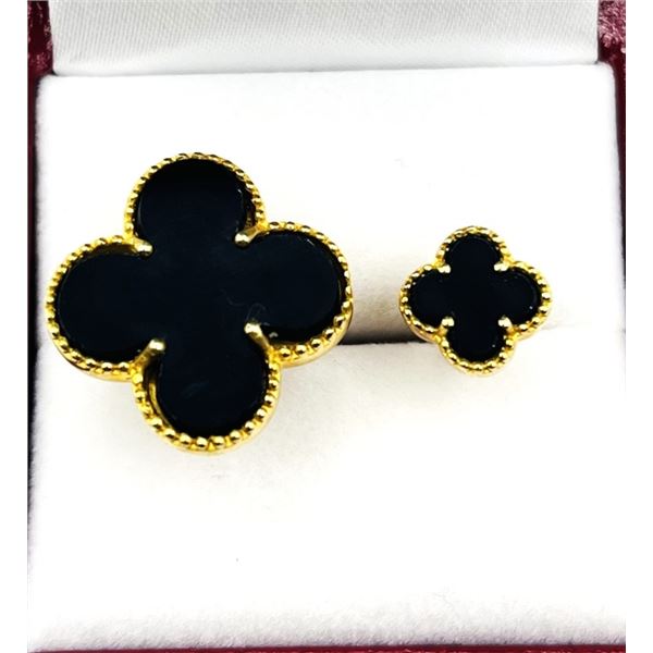 GOLD PLATED STERLING SILVER NATURAL BLACK ONYX (4.50CT) DOUBLE CLOVER MOTIF RING, W/A $435.00.