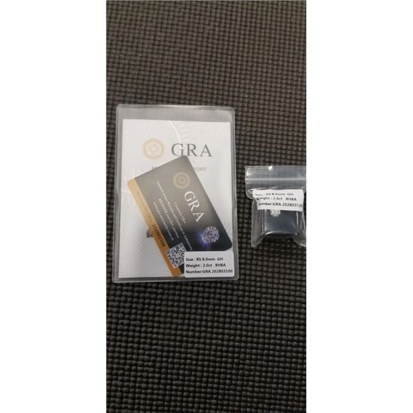 NEW 2.0 CARAT MOISSANITE LAB DIAMOND, ROUND BRILLIANT CUT, GH-VVS1, GRA REPORT, TESTS POSITIVE W/ DI