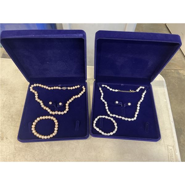 2 NEW PEARL NECKLACE, EARRINGS AND BRACELET SETS