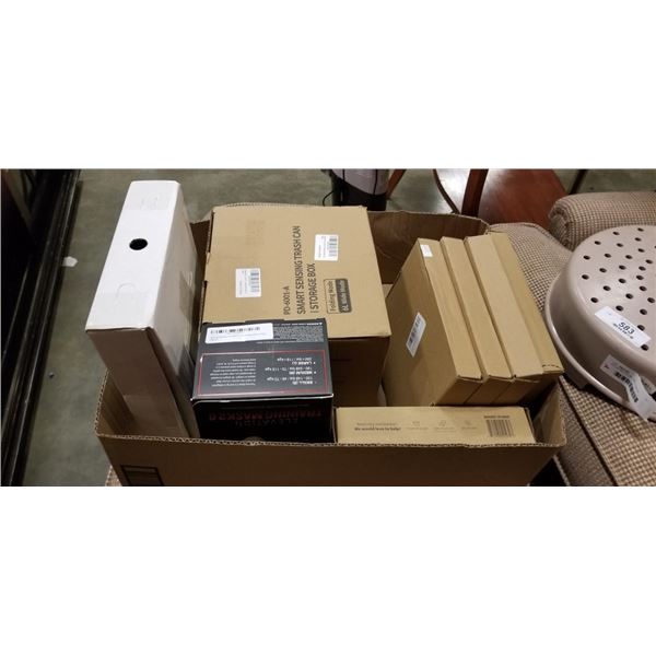 ASSORTED NEW ITEMS INCLUDING SMALL GARBAGE CAN, SAVINGS BOXES, TERRA COTTA HANGERS ETC