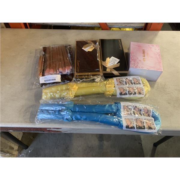 LOT OF NEW BEAUTY ITEMS - HEATLESS CURLER, MAKEUP BACK W/ BRUSHES, EYE LINER, ROSE SOAP GIFT BOX, AN