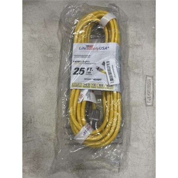 NEW 25FT HEAVY DUTY INDOOR OUTDOOR 3 WIRE EXTENSION CORD, YELLOW 14AWG