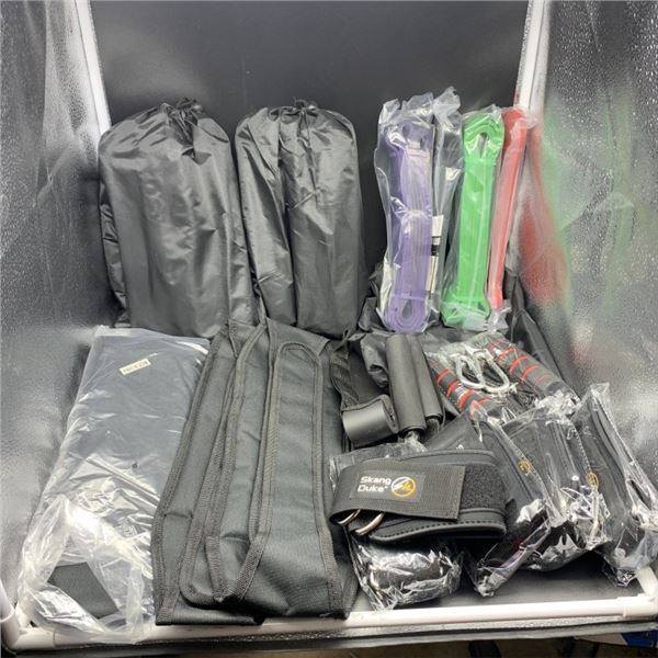 NEW EXERCISE LOT THREE SETS OF HEAVY DUTY RESISTANCE BANDS, FOUR NEW LUMBAR VELCRO ADJUST BELTS AND 