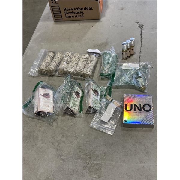 BOX OF NEW PERFUME ROLLERS AND INCENSE BURNERS