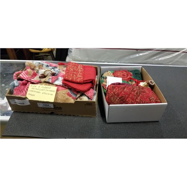 3 BOXES OF CHRISTMAS ITEMS - HOUSE COAT, STOCKING, DECOR, ETC