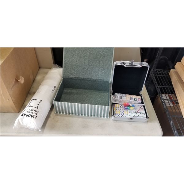 NEW CASED MEXICAN TRAIN DOMINOS, IKEA FJADRAR 20X20 INCH PILLOW, DECORATIVE BOX