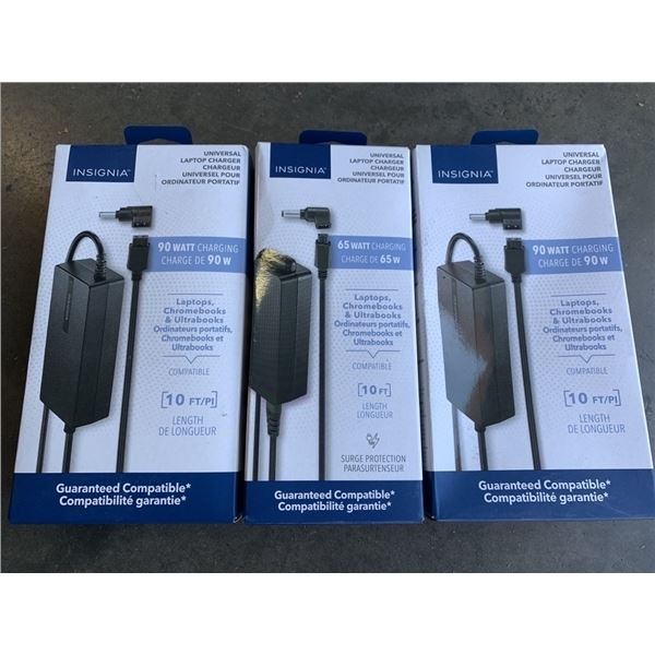 2 INSIGNIA 90 WATT UNIVERSAL LAPTOP CHARGERS AND 65 WATT UNIVERSAL LAPTOP CHARGER