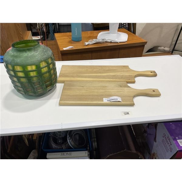 CB2 GREEN VASE AND 2 WOOD  SERVING BOARDS