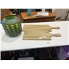 Image 1 : CB2 GREEN VASE AND 2 WOOD  SERVING BOARDS