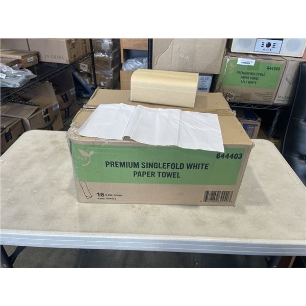 NEW CASE OF PREMIUM SINGLEFOLD WHITE PAPER TOWEL, 16 BUNDLES OF 250, 4,000 PER CASE