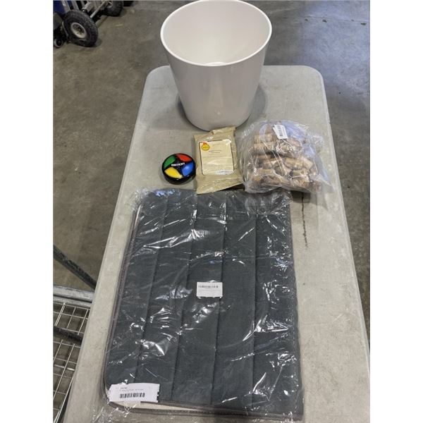LOT OF AMAZON ITEMS - BATH MAT, GARBAGE CAN, WINE CORKS, ETC