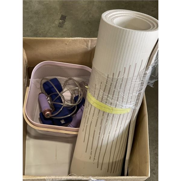 2 5LB DUMBELLS, SKIP ROPE, BASKET AND YOGA MATT