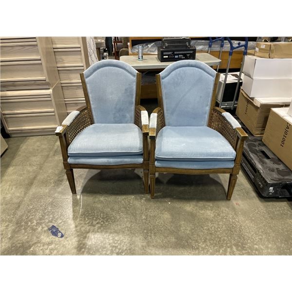 2 WOOD AND BLUE  FABRIC ARM CHAIRS