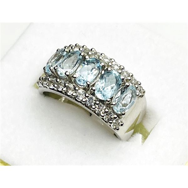STERLING SILVER NATURAL BLUE TOPAZ (2.3CT) WITH NATURAL WHITE SAPPHIRE (0.60CT) RING, SIZE 7.5, W/A 