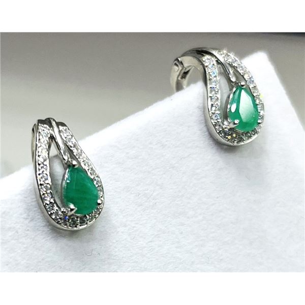 STERLING SILVER NATURAL EMERALD (1CT) WITH CZ (0.40CT) EARRINGS, W/A $400.00. EMERALD IS THE BIRTHST