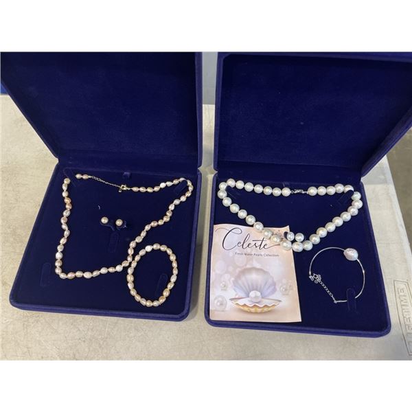 2 NEW PEARL NECKLACE, EARRINGS AND BRACELET SETS