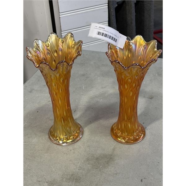 2 ANTIQUE CARNIVAL GLASS VASES, 10 INCH TALL