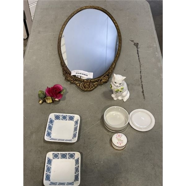 MADE IN ENGLAND GOLD OVAL MIRROR, 22 X 12 INCH, AND ASSORTED ANTIQUE COLLECTIBLES
