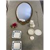 Image 1 : MADE IN ENGLAND GOLD OVAL MIRROR, 22 X 12 INCH, AND ASSORTED ANTIQUE COLLECTIBLES