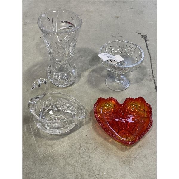 4 ANTIQUE PINWHEEL CRYSTAL DISHES, INCLUDING FIRE RED HEART SHAPE DISH