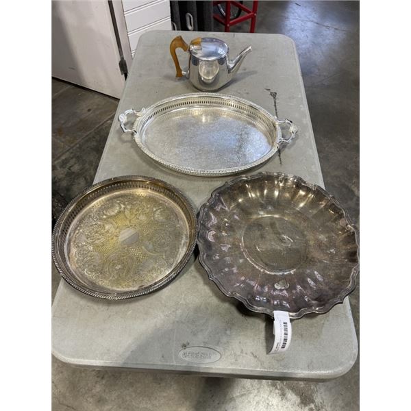 PICQUOT WARE MADE IN ENGLAND TEA POT AND 3 SILVER PLATE TRAYS