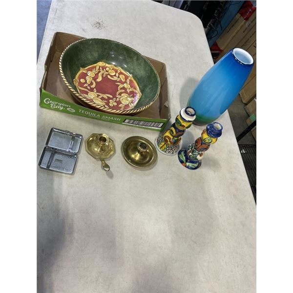 2 TRAYS OF COLLECTIBLE POTTERY AND ART GLASS