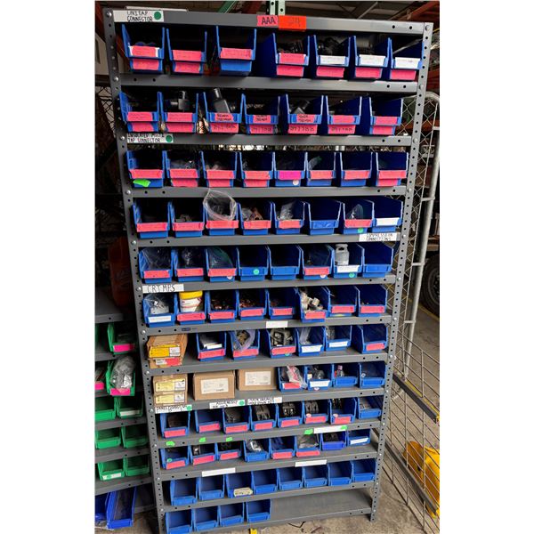 Industrial Shelving Bin Rack w/ Blue Plastic Bins & Contents: Connectors, Crimps, Hardware, etc