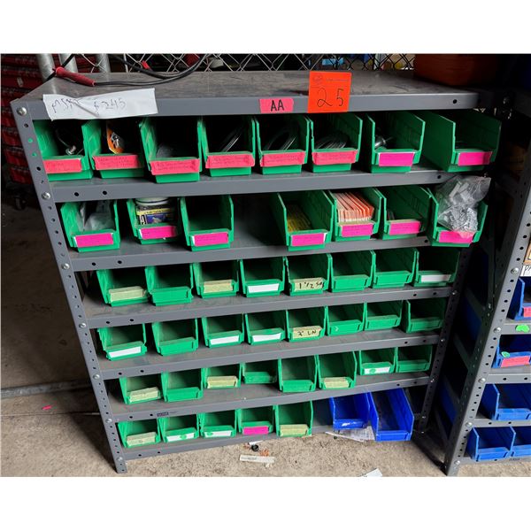Industrial Shelving Bin Rack w/ Green Plastic Bins & Contents: Labels, Ground Bars, Hardware, etc