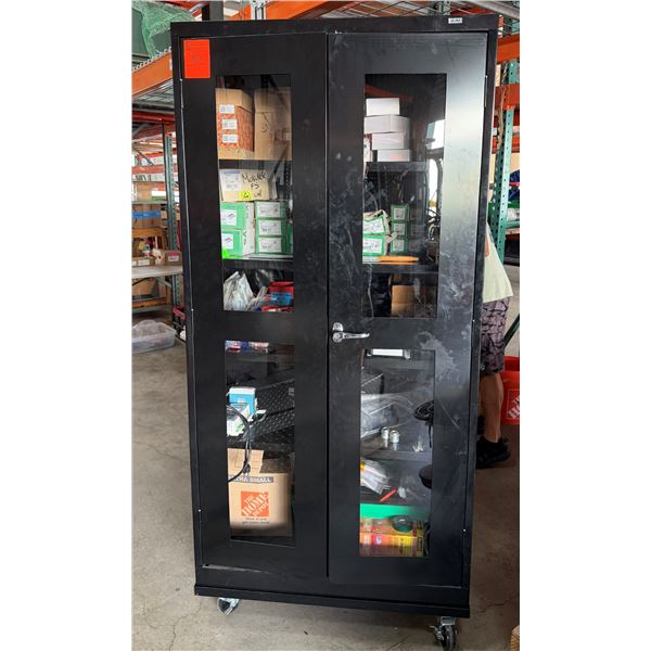 Uline Rolling Black 2-Door Cabinet 35" x 18" x 77"H & Contents:  Terminal Blocks, Splice Kits, Conta