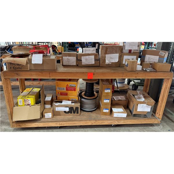 Wooden Table w/ Undershelf 97" x 24" x 40"H & Contents: Graybar Copper Braid, Connectors, HVU2 Ancho