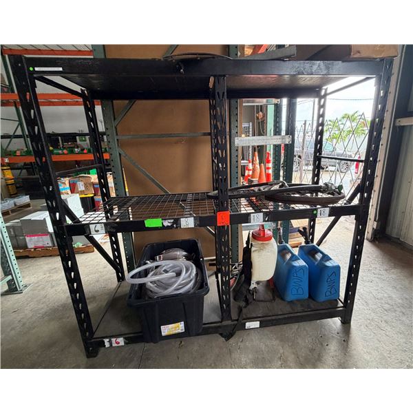 Qty 2 Black Metal Shelving Units 76" x 23" x 72"H & Contents: Backpack Sprayer, Vinyl Tubing, etc