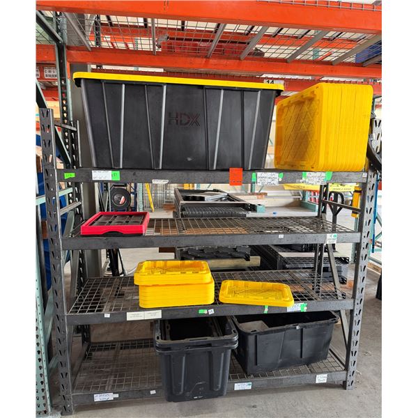 Black Metal Adjustable Shelving Unit & Contents: Bins & Lids