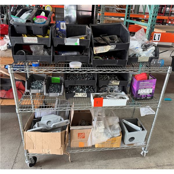Metal Rolling Adjustable Shelf & Contents: Nail Coils, Brackets, Hardware, etc