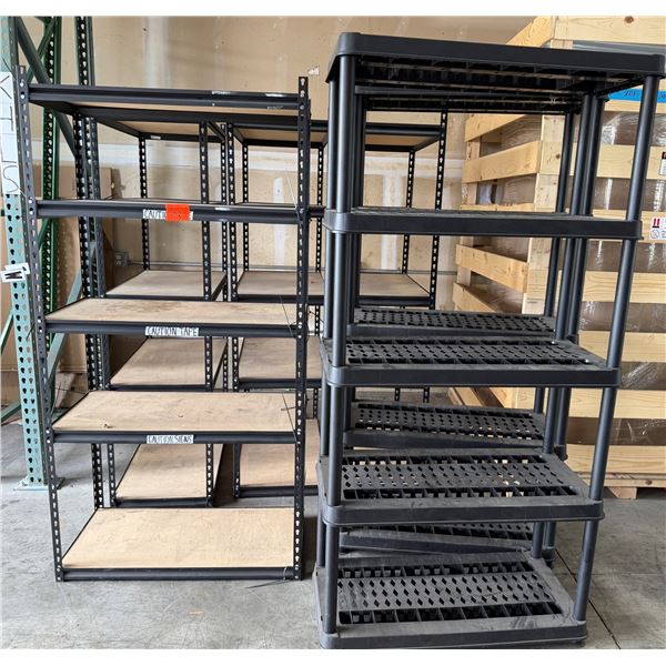Qty 4 Light Duty Metal Shelving Units & 2 Light Duty Resin Shelving Units, Misc Sizes