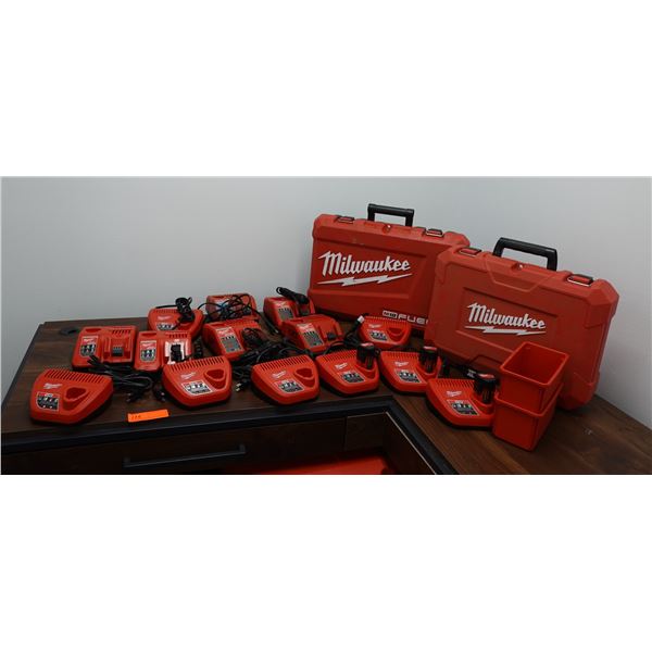 Qty 6 Milwaukee M12 & M18 Chargers,  8 @ M12 Chargers & 3 @ 2.0 M12 Batteries w/ 2 Cases