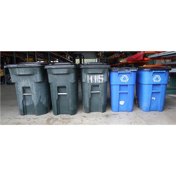 Qty 3 Rolling Trash Bins & 2 Rolling Recycle Bins