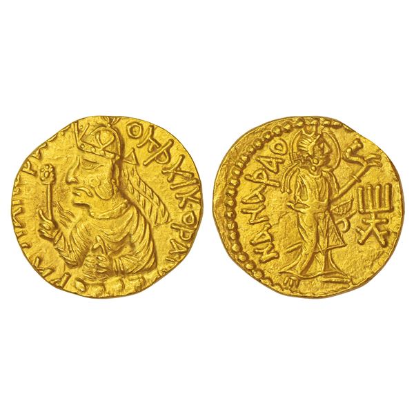 Ancient India: Kushan Empire, Huvishka, gold dinar, 'NANAÞAO' (Goddess Nana) type, Gobl 153, 7.96g.