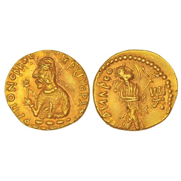 Ancient India: Kushan Empire, Huvishka, gold ¼ dinar, 'NANAÞAO' (Goddess Nana) type, Gobl 165, 1.68g