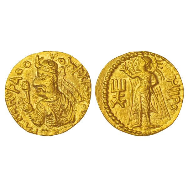Ancient India: Kushans, Huvishka, gold dinar, 'MIIÞO' (Sun god Miiro) type, Gobl 138, 7.88g.