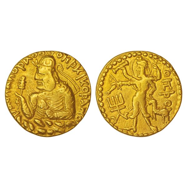 Ancient India: Kushans, Huvishka, gold dinar, 'OHÞO' (Four-armed Shiva) type, Gobl 308, 7.80g.