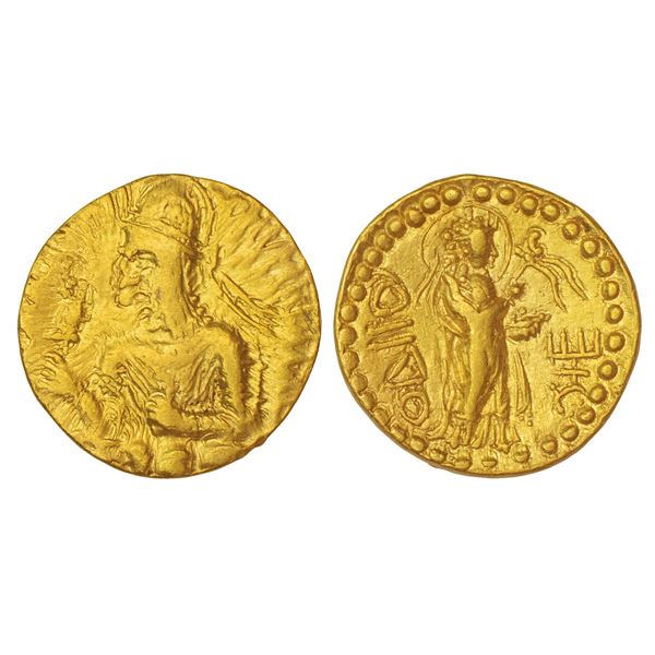 Ancient India: Kushans - gold dinar of Huvishka, 'ODIIO' (Goddess Nana) type, Göbl 326, 7.90g.