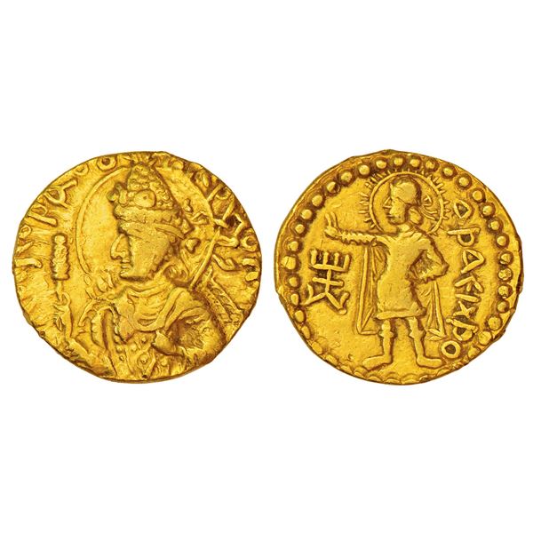 Ancient India: Kushans, Huvishka, gold dinar, 'ΑÞΑEIXÞO' (Aša Vahišt