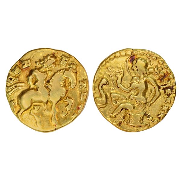 Ancient India: Gupta Empire - gold dinar of Kumara Gupta I, 'Horseman' type, feeding to Peacock